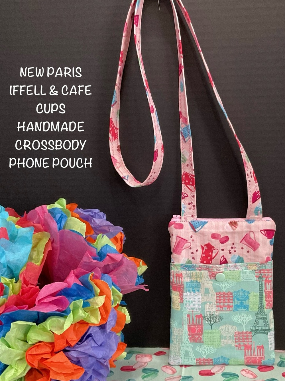 PARIS EIFFELL TOWER & CAFE CUPS HANDMADE CROSSBODY PHONE POUCH